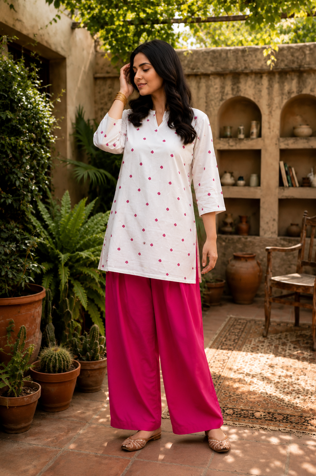 KartMitra Elegant White Printed Rayon Kurti & Pink Farsi Salwar Co-Ord Set for Women