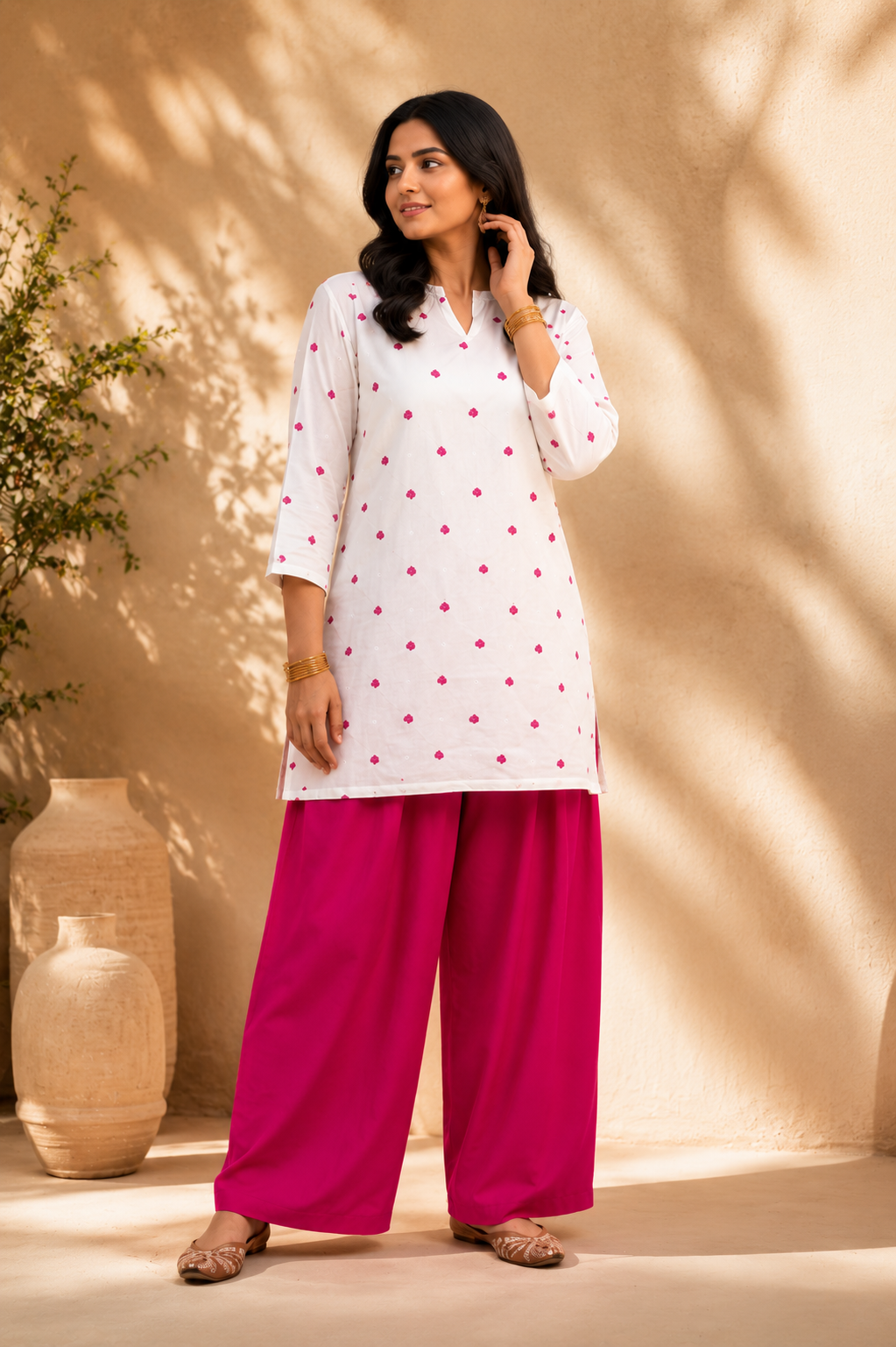 KartMitra Elegant White Printed Rayon Kurti & Pink Farsi Salwar Co-Ord Set for Women