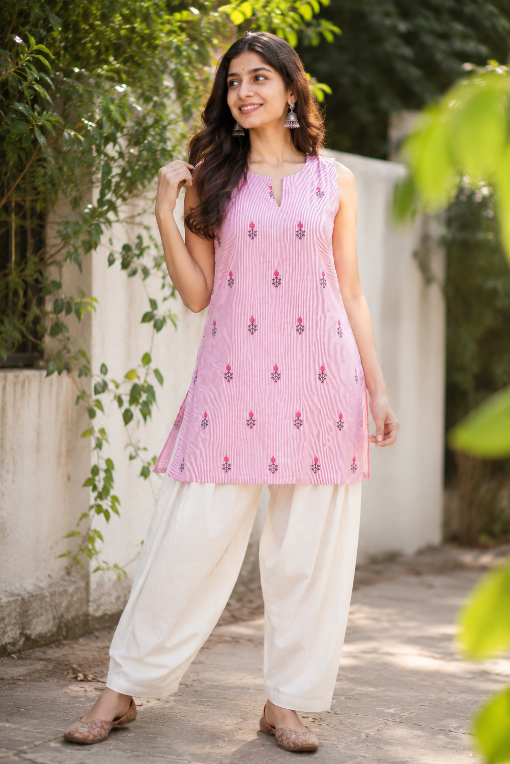 KartMitra Pink Cotton Embroidered Sleeveless Kurti & White Farshi Salwar Co-Ord Set for Women