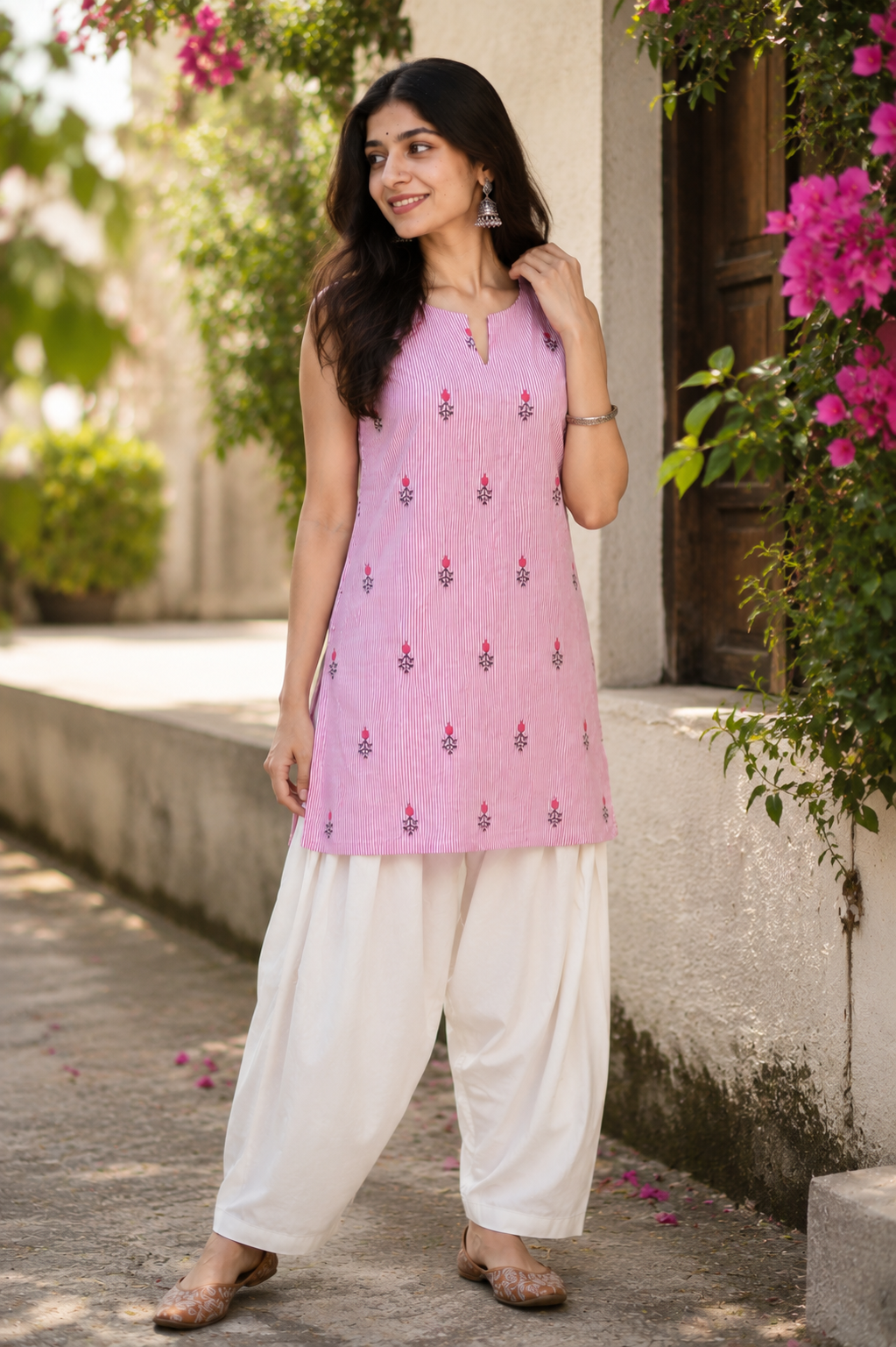 KartMitra Pink Cotton Embroidered Sleeveless Kurti & White Farshi Salwar Co-Ord Set for Women
