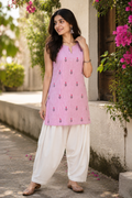 KartMitra Pink Cotton Embroidered Sleeveless Kurti & White Farshi Salwar Co-Ord Set for Women