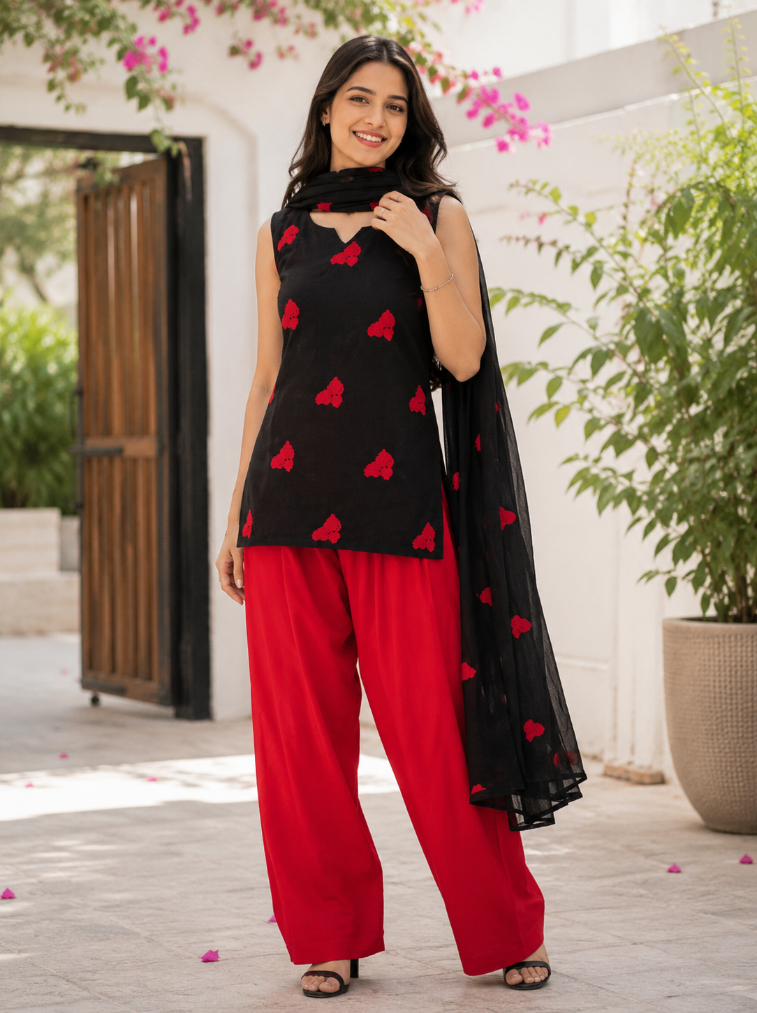 KartMitra Elegant Black Kurta, Red Palazzo & Dupatta Ethnic Co-Ord Set for Women
