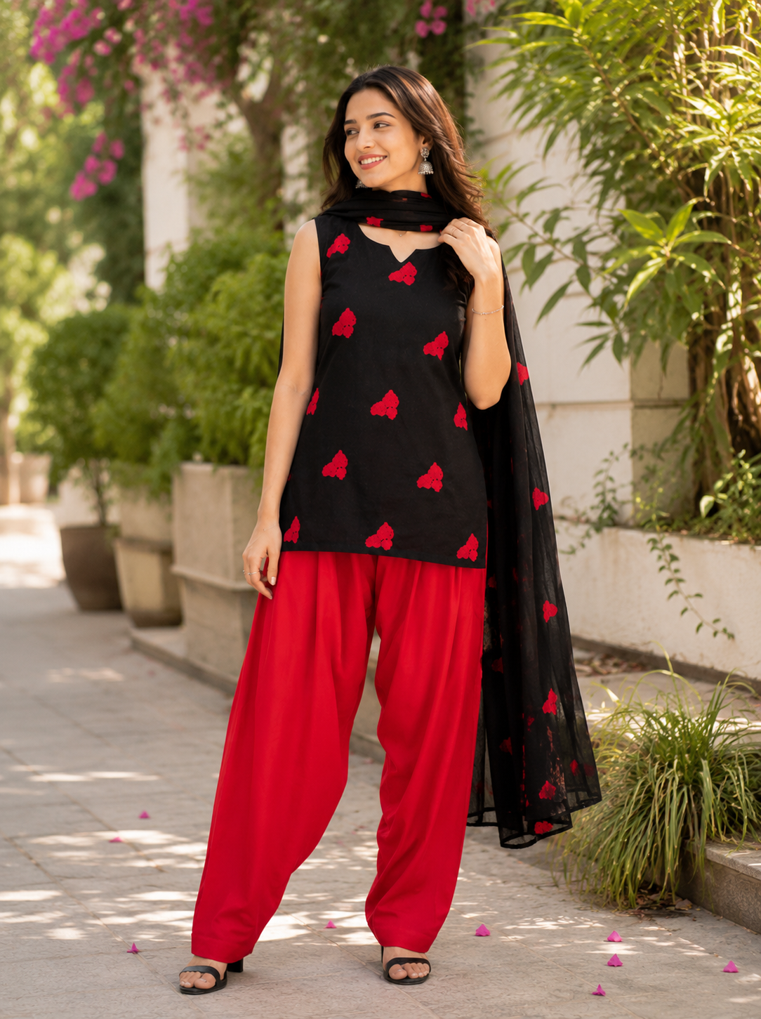 KartMitra Elegant Black Kurta, Red Palazzo & Dupatta Ethnic Co-Ord Set for Women