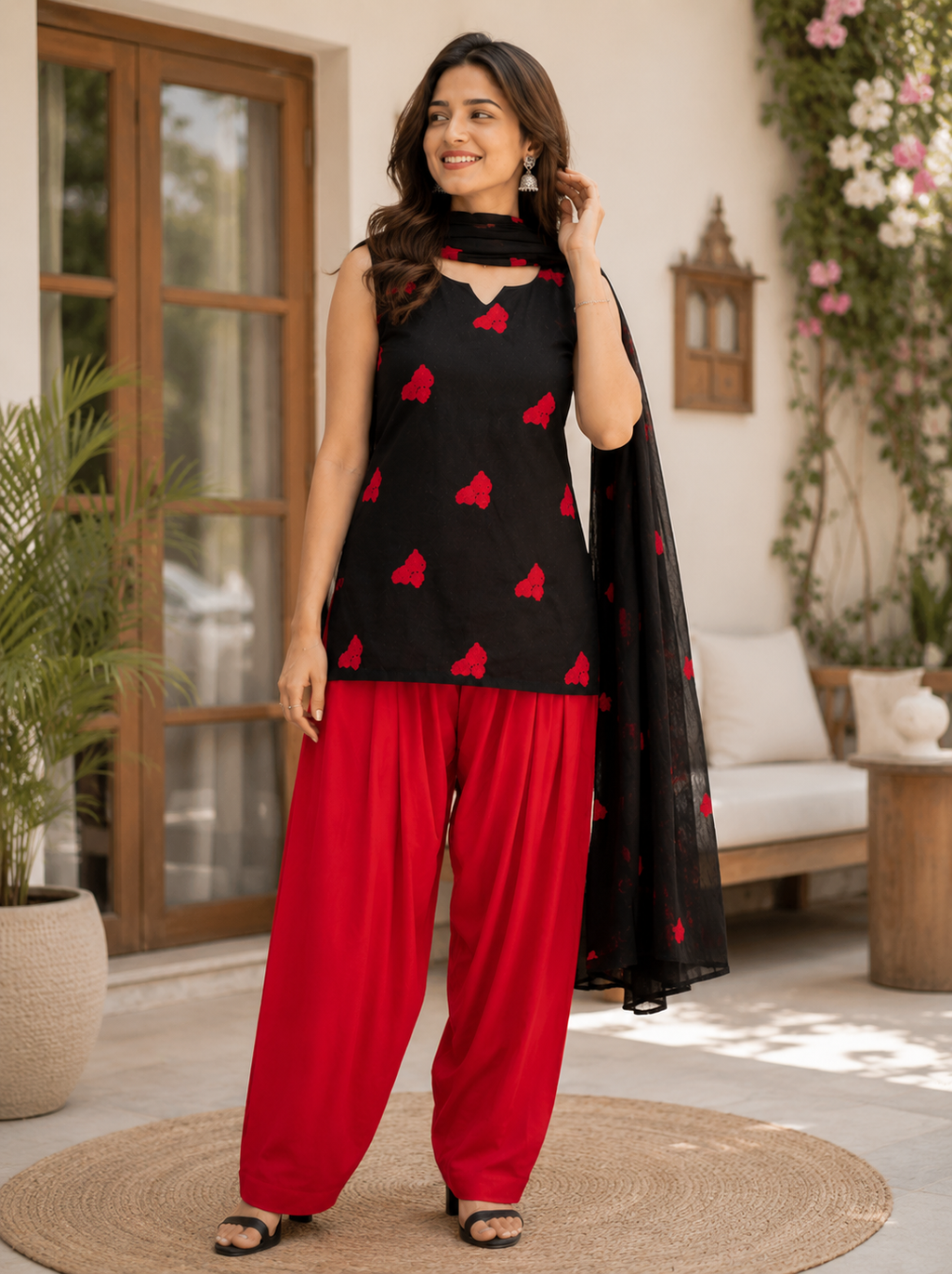 KartMitra Elegant Black Kurta, Red Palazzo & Dupatta Ethnic Co-Ord Set for Women