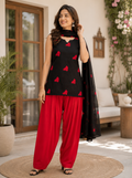 KartMitra Elegant Black Kurta, Red Palazzo & Dupatta Ethnic Co-Ord Set for Women