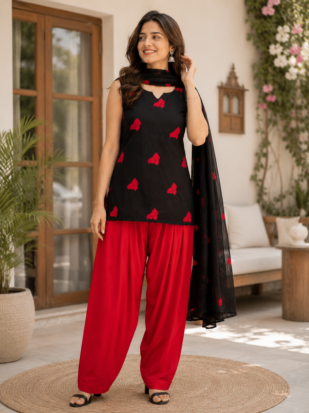 KartMitra Elegant Black Kurta, Red Palazzo & Dupatta Ethnic Co-Ord Set for Women