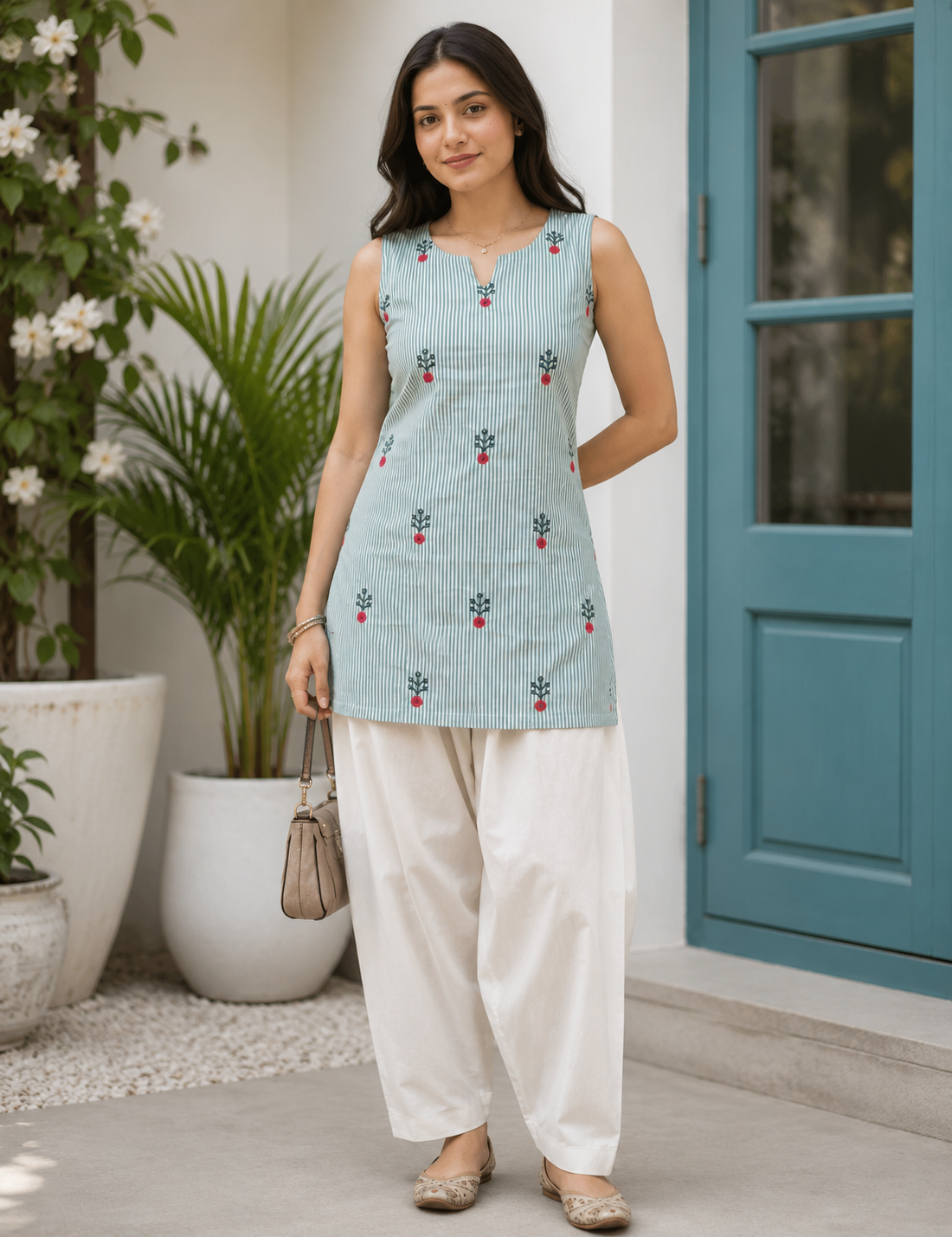 KartMitra Premium Cotton Embroidered Sleeveless Kurti & Farshi Salwar Co-Ord Set for Women