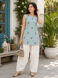 KartMitra Premium Cotton Embroidered Sleeveless Kurti & Farshi Salwar Co-Ord Set for Women