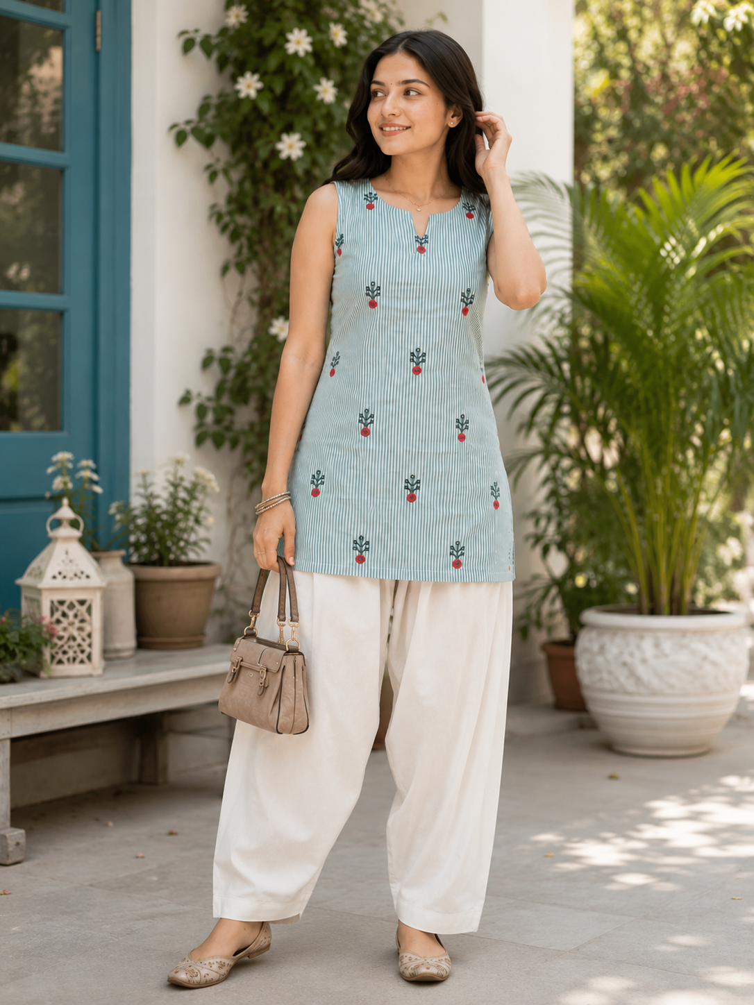 KartMitra Premium Cotton Embroidered Sleeveless Kurti & Farshi Salwar Co-Ord Set for Women