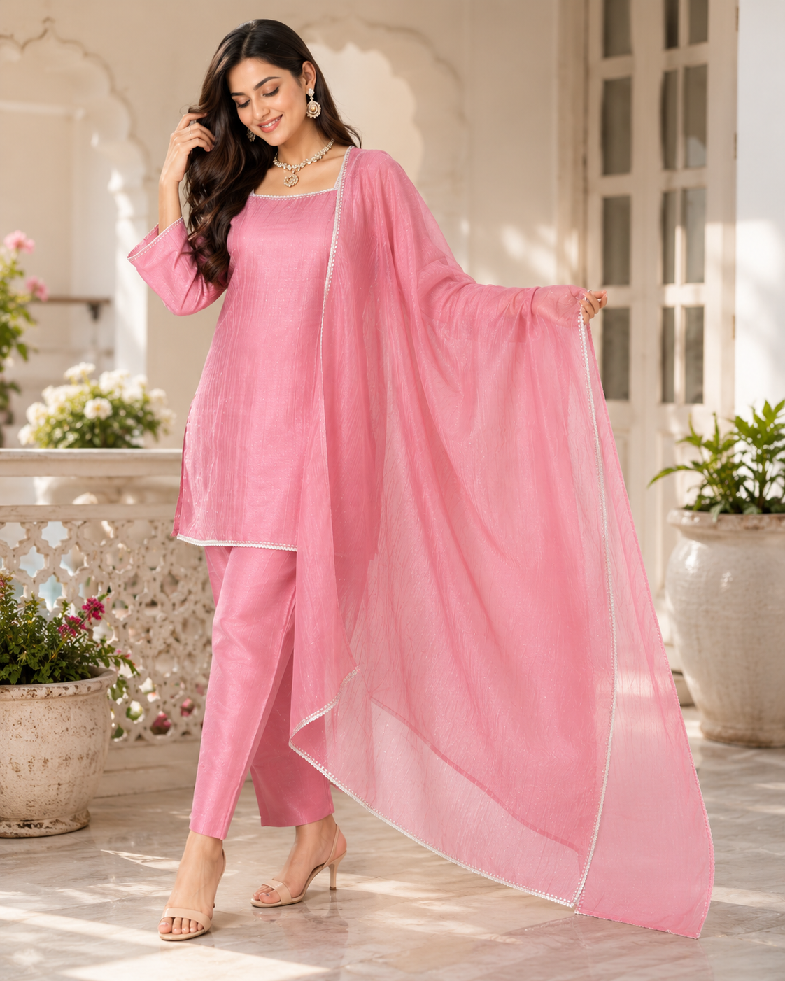 KartMitra Premium Pink Chanderi Silk Sequin Work Kurta Palazzo & Dupatta Set for Women